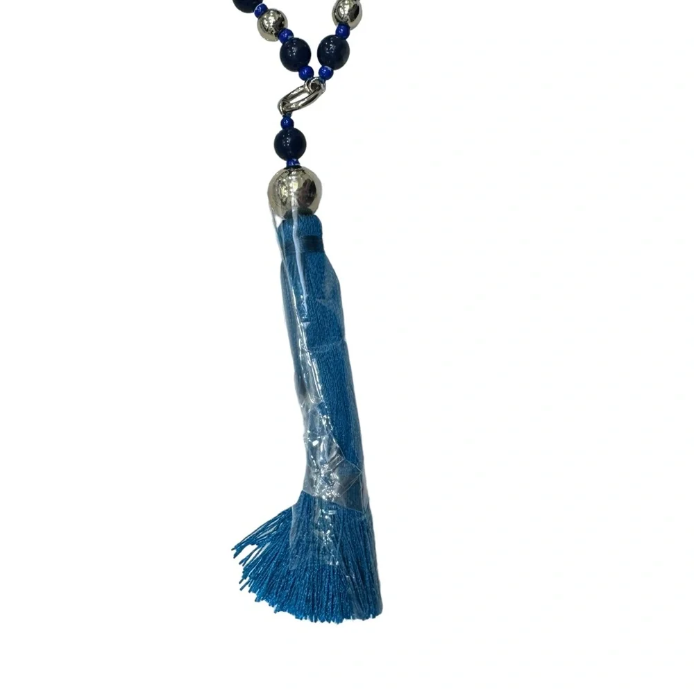 J. CREW BLUE AND GOLD BEADED NECKLACE WITH BLUE TASSEL - NWOT